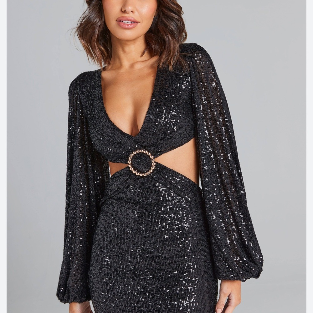 Nadine Merabi Caitlin Dress Elegant Black Sequin Dress with Ring Detail NEW